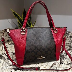 Coach Kacey Signature Canvas and Red Leather Satchel